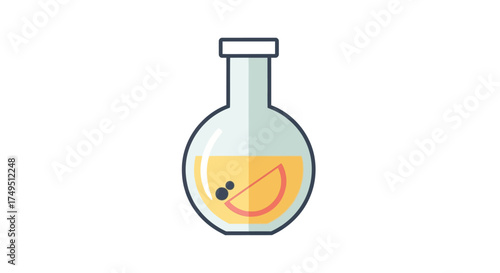 A round-bottomed laboratory flask containing a yellow liquid and a slice of orange.