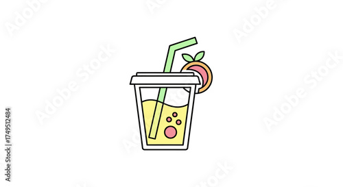 Stylized illustration of a refreshing yellow drink in a plastic cup with a straw and citrus slice.