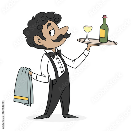 Bored Cartoon Waiter with Mustache Serving Wine on a Tray