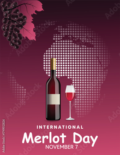 International Merlot Day poster with wine bottle and glass grape background