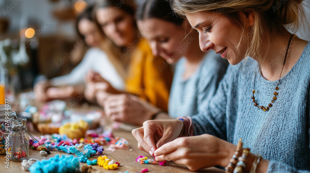 Fototapeta premium Friends crafting together at home, colorful materials on table, creativity and laughter, artistic bonding, handmade projects, DIY fun, teamwork in art, authentic lifestyle, cozy ho