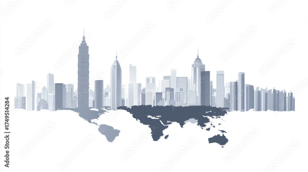 Fototapeta premium Global City Skyline, World Map Background, Urban Development, Business Concept