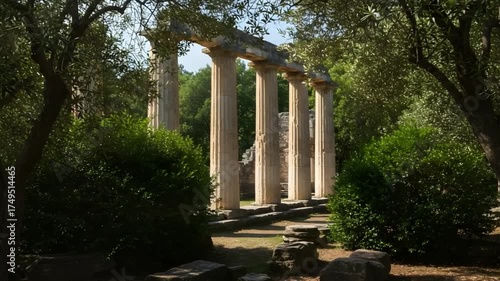Ancient Greek columns standing amidst lush greenery, a testament to timeless architecture