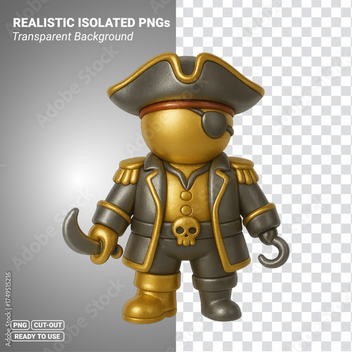 Gold And Silver Pirate Captain 3D Character Icon Transparent PNG file ready to be used.