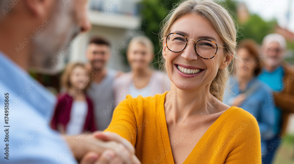 Fototapeta premium Neighbors welcoming new family to neighborhood, outdoor smiles and greetings, sense of community, kindness and connection, suburban lifestyle, friendly gestures, togetherness and w
