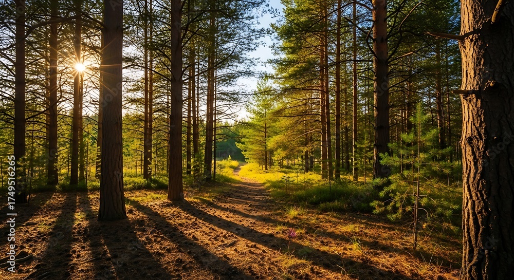 Obraz premium Sunlit Forest Path - A Serene Woodland Scene.