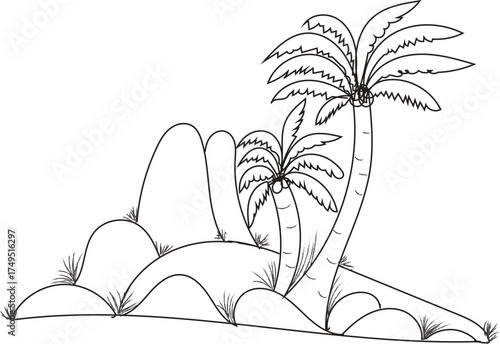 Stylized line drawing of a camel resting under palm trees in a desert oasis