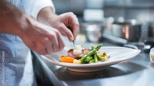 Wallpaper Mural Chef prepares elegant dish: Culinary artist delicately plating grilled meat, asparagus, and vegetables with creamy sauce for an exquisite dining experience. Torontodigital.ca
