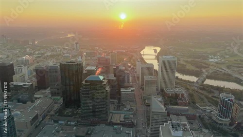 Aerial sunrise view of downtown Edmonton skyline, Alberta, Canada
