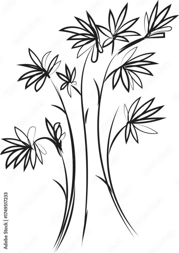 Naklejka premium Hand drawn sketch of a delicate bamboo plant with thin stalks and pointed leaves