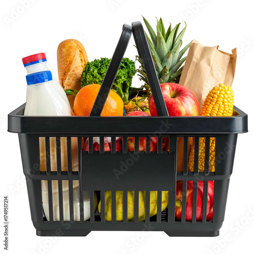 A full black shopping basket holds an assortment of groceries, including bread, produce, and dairy