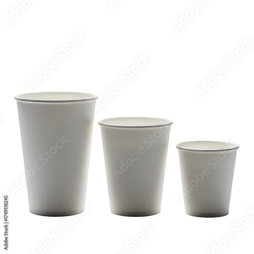 Three white paper cups of varying sizes,