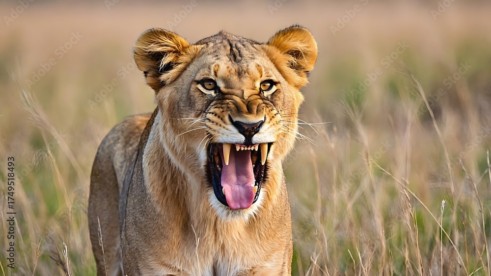 Obraz premium Close-up of a lioness roaring fiercely in tall golden grass, mouth wide open revea