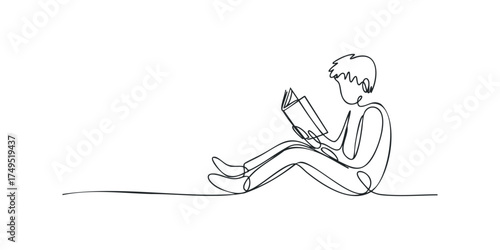 Person sitting and reading a book in continuous line drawing style