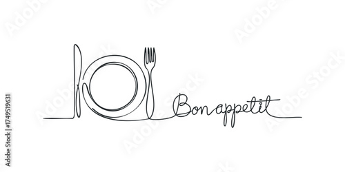 Minimalist Line Art of Plate Fork Knife and Phrase Bon Appetit