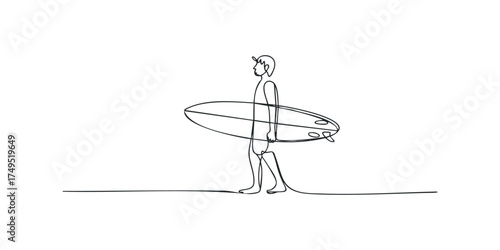 Surfer walking with surfboard one line drawing