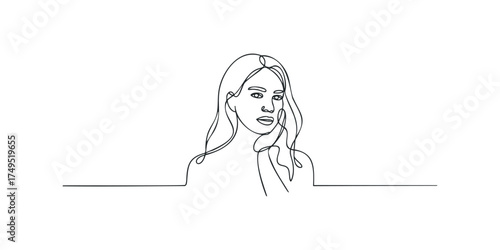 Continuous line portrait of a woman with flowing hair
