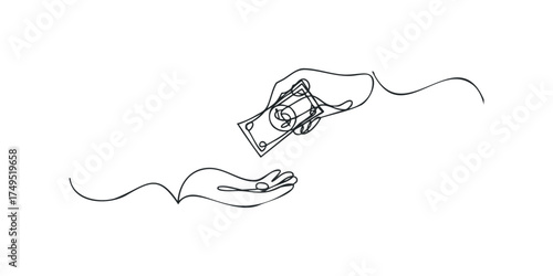 Hand giving banknote with minimalist line drawing style