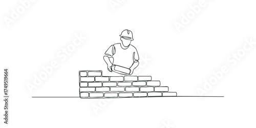 One line drawing of construction worker building wall