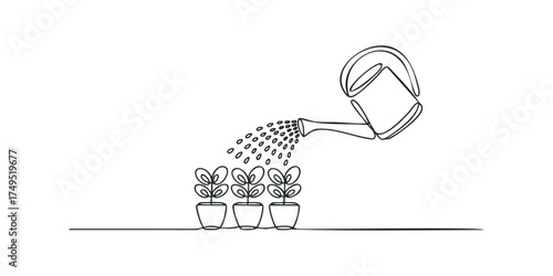 Line drawing of watering can pouring water on potted plants