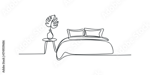 Minimalist line drawing of a bed and nightstand with plant