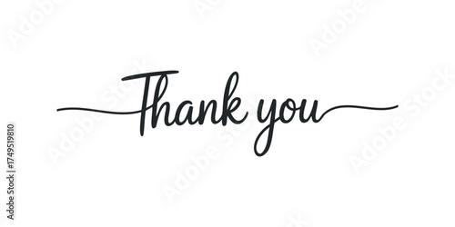 Elegant handwritten Thank you phrase in black cursive script, cut out transparent