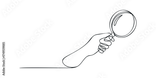 Hand holding magnifying glass abstract continuous line drawing