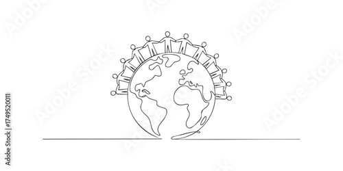 People holding hands in circle around planet Earth line drawing