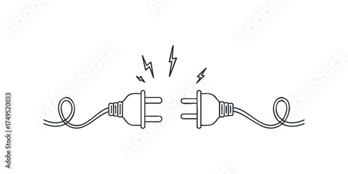 Two electrical plugs disconnected with lightning symbols
