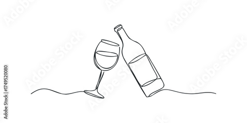 Continuous line drawing of wine bottle and glass
