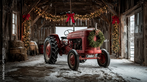 Red Tractor with Wreath in a Rustic Christmas Barn