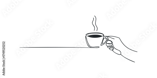 Hand holding steaming coffee mug in minimalist line art style