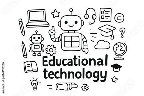 Robot Tutor Doodle. Educational technology. Hand-drawn doodle illustration of Educational technology. In the