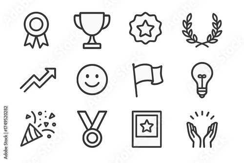 Surfing Celebration Icons. Surfing or beach volleyball tournament celebrations. Line outline icon set of