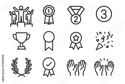 Beach Tournament Icons. Surfing or beach volleyball tournament celebrations. Line outline icon set of Surfing