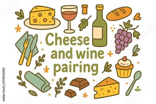 Cheese and Wine Delight. Cheese and wine pairing. Hand-drawn doodle illustration of Cheese and wine pairing.