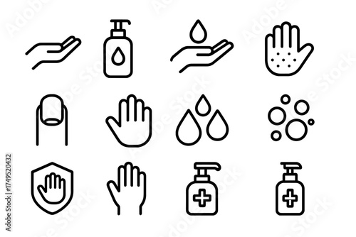 Nail Care Icons. Nail care and hand cleanliness. Line outline icon set of Nail care and hand cleanliness: hand