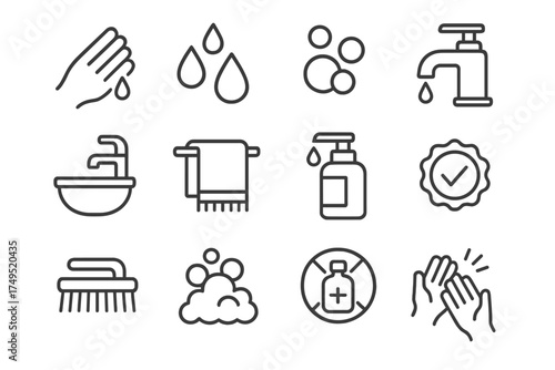 Nail Care Icons. Nail care and hand cleanliness. Line outline icon set of Nail care and hand cleanliness: hand