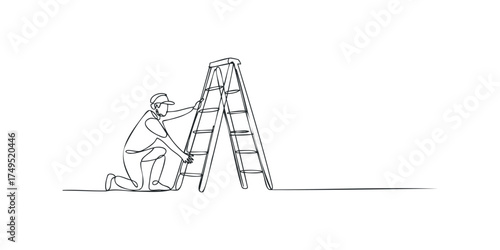 Person assembling a tall step ladder in minimalist line art style