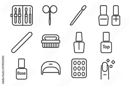 Nail Care Icons. Nail care and hand cleanliness. Line outline icon set of Nail care and hand cleanliness: