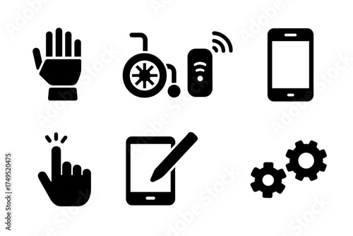 Assistive Tech Icons. Assistive Technology. Filled icon set of Assistive Technology: bionic hand, wheelchair,