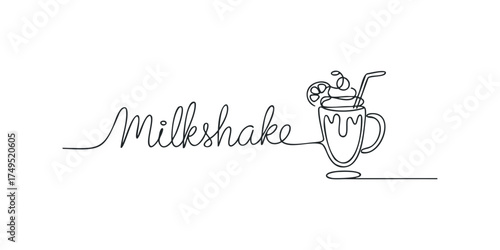 Minimalist single line drawing of a milkshake with garnish