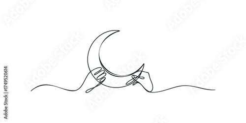 Single Line Drawing Crescent Moon Held by Hands