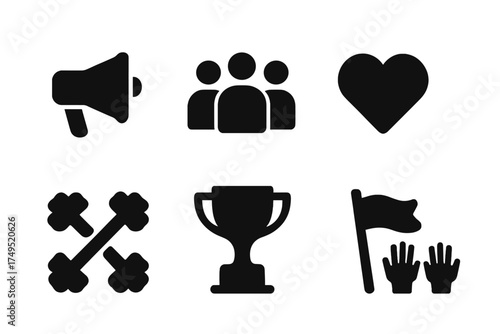 Exercise Motivation Icons. Exercise Motivation. Filled icon set of Exercise Motivation: megaphone, group of