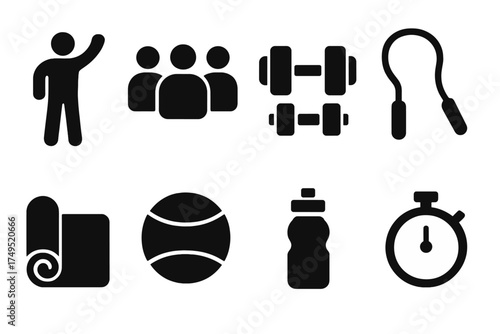 Exercise Icon Set. Exercise Class. Filled icon set of Exercise Class: instructor, group of people, dumbbells,