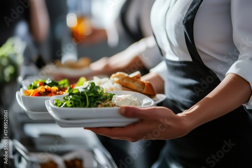 Professional server presenting multiple plates of healthy, fresh food during a catering event, offering excellent service