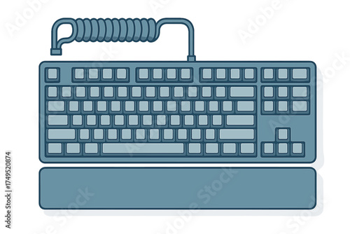 Modern mechanical keyboard with coiled cable and ergonomic wrist support pad