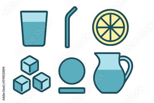 Essential elements for preparing and serving cold beverages like water, ice, and citrus