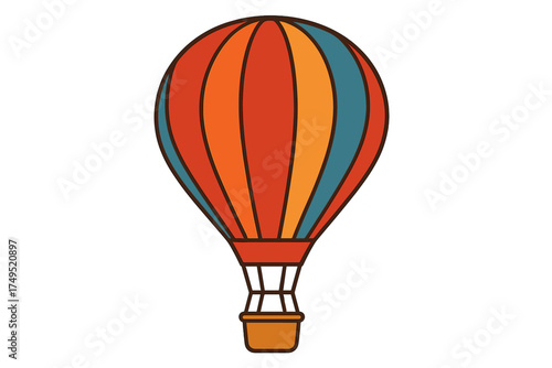 Vibrant striped hot air balloon with basket isolated on white background