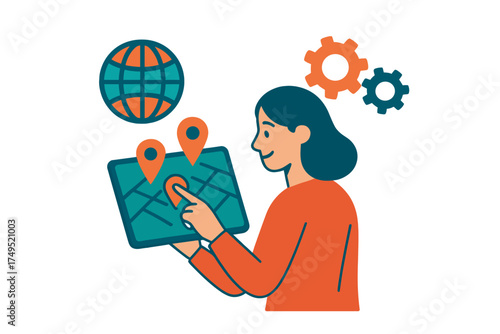 Woman interacting with digital map interface, showing location pins, global navigation, and route planning gears